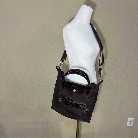 Longchamp Purple Metallic Logo Printed Le Pliage Equestrian Large Tote Rare! EUC - Picture 1 of 10